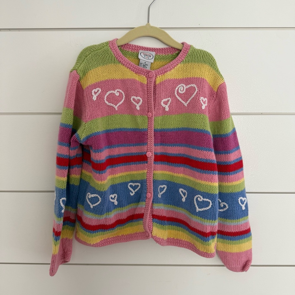 Talbots Kids Size 6 Striped Cardigan Embroidered Hearts Valentines Colorful
